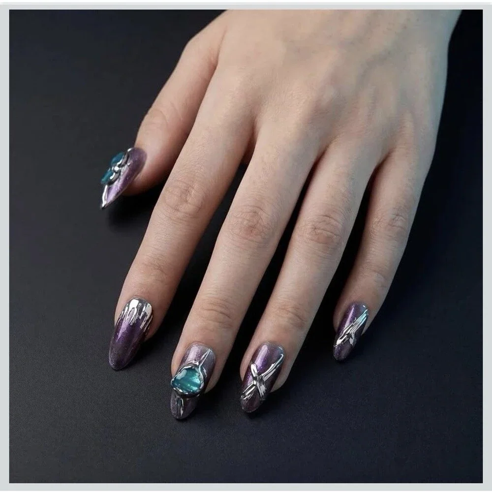 Handmade Purple Chrome Press On Nails Medium Almond Teal Gems 10Pc Reusable